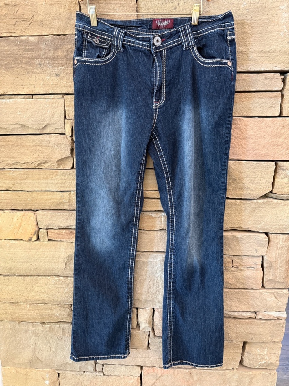 Bootcut Dark wash Jeans White & Yellow Contrast Stitch Fading, Rear Flap Pockets